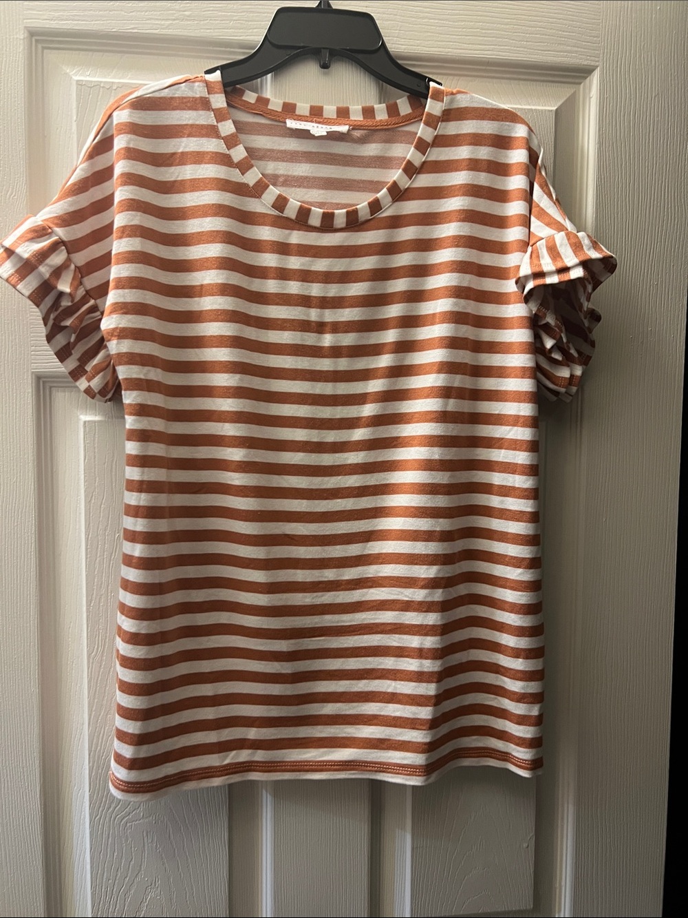 Jane and Delancey Rust and White Striped Short-Sleeve Ruffle Tee
